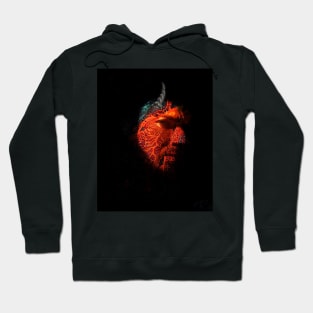 Portrait, digital collage and special processing. Devil face, side. Horn and lava texture. Hoodie